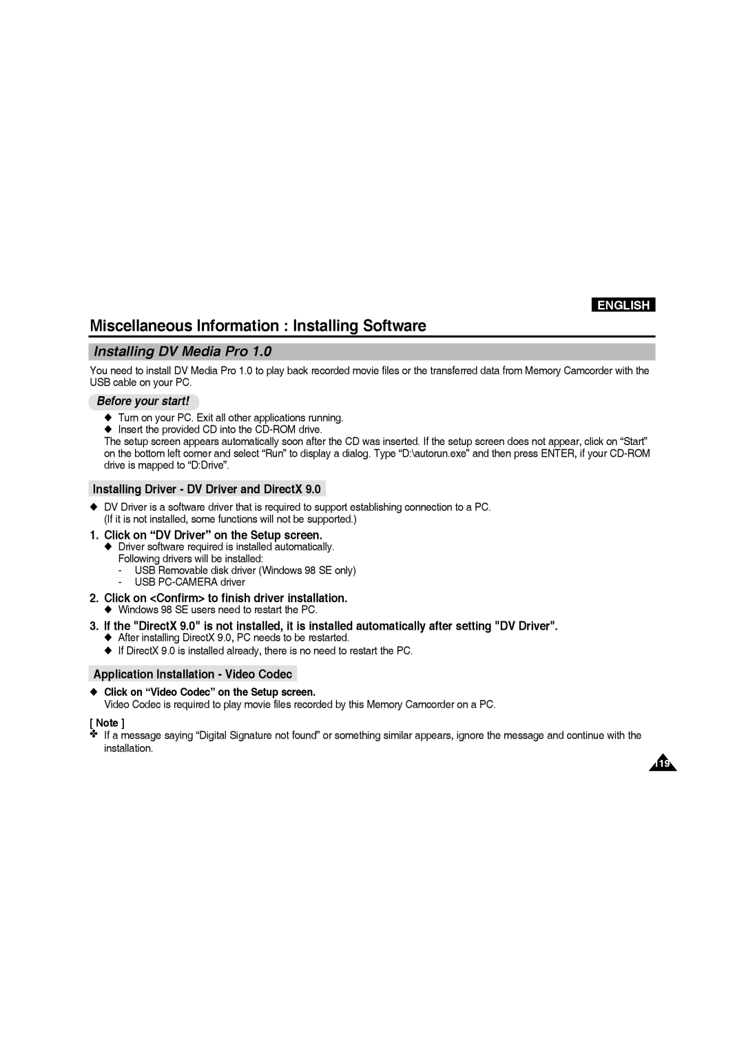 Samsung VP-MM11S/EUR, VP-MM11S/XEF, VP-MM11S/XET Miscellaneous Information Installing Software, Installing DV Media Pro 