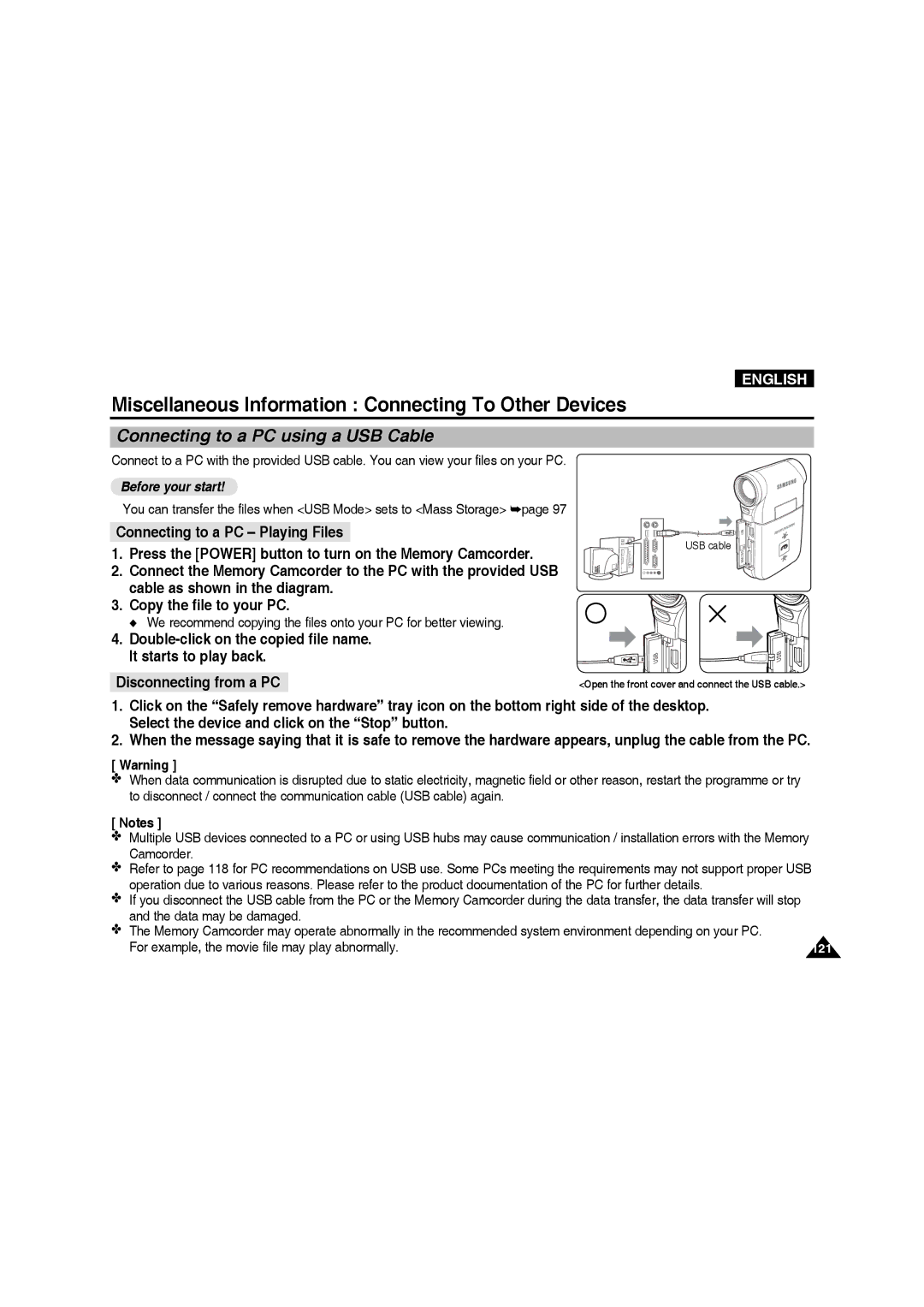 Samsung VP-MM11S/XET manual Miscellaneous Information Connecting To Other Devices, Connecting to a PC using a USB Cable 