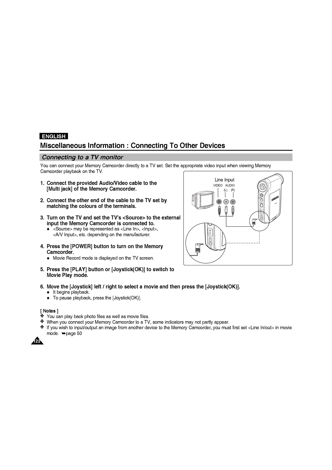 Samsung VP-MM12S/XET, VP-MM11S/XEF Connecting to a TV monitor, Line Input, Movie Record mode is displayed on the TV screen 