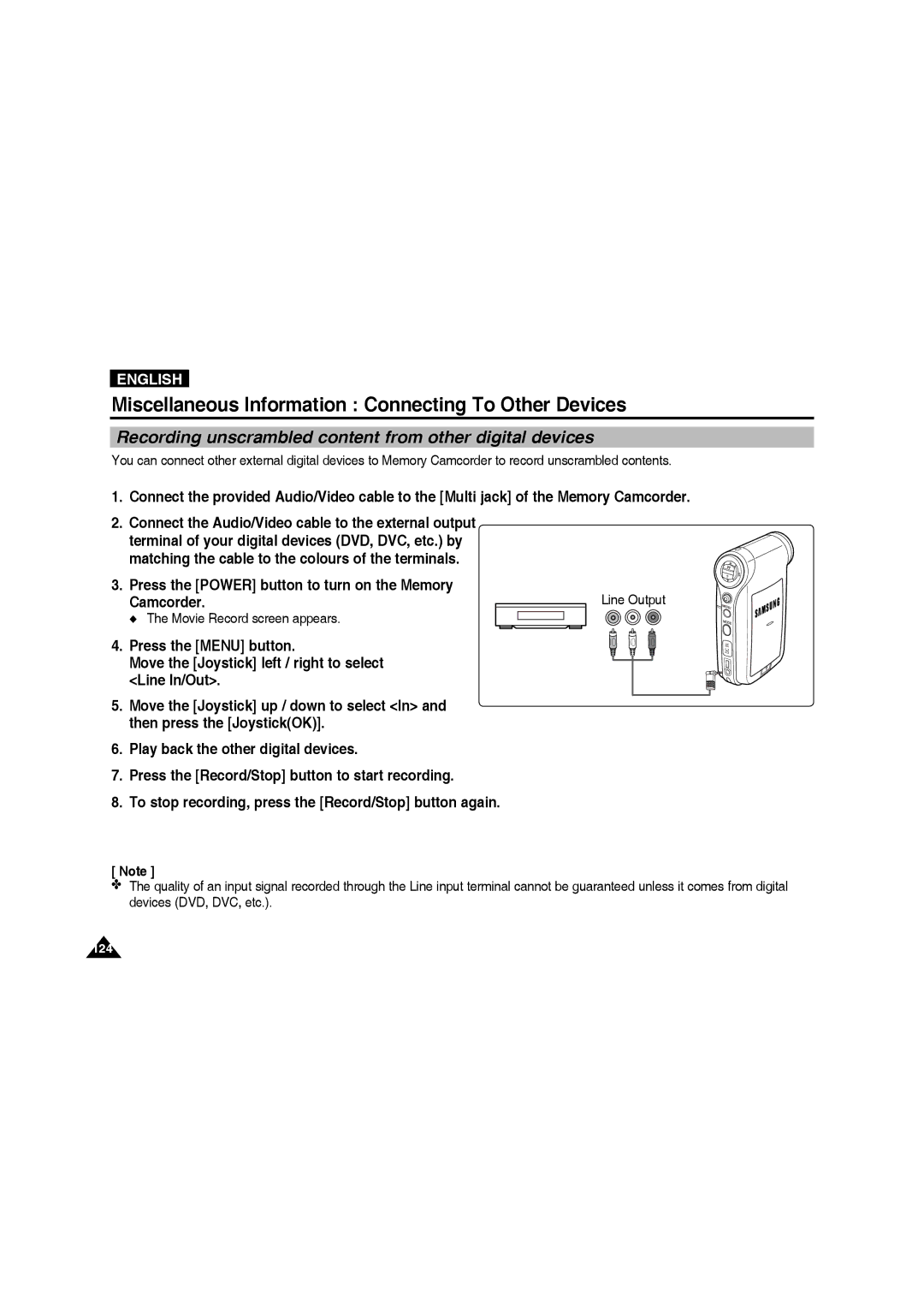 Samsung VP-MM11S/AND, VP-MM11S/XEF, VP-MM11S/XET manual Recording unscrambled content from other digital devices, Line Output 