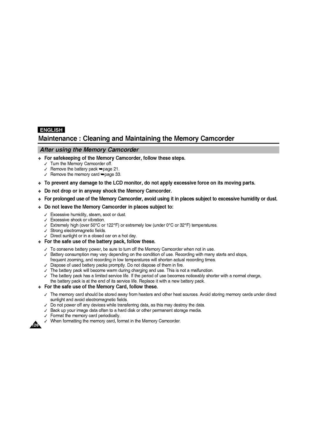 Samsung VP-MM11S/MEA manual Maintenance Cleaning and Maintaining the Memory Camcorder, After using the Memory Camcorder 