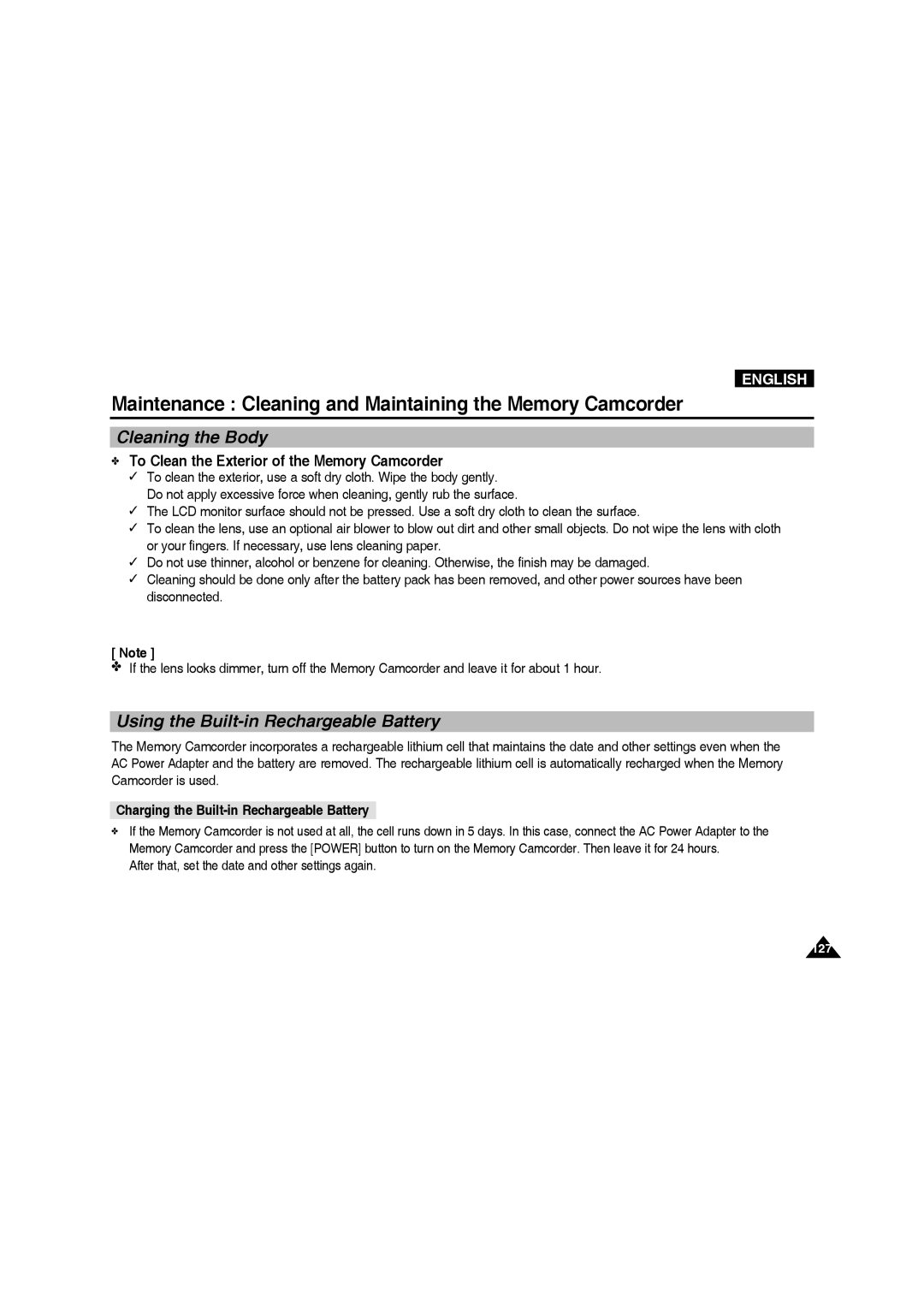 Samsung VP-MM11S/EUR, VP-MM11S/XEF, VP-MM11S/XET, VP-MM12S/XET Cleaning the Body, Using the Built-in Rechargeable Battery 