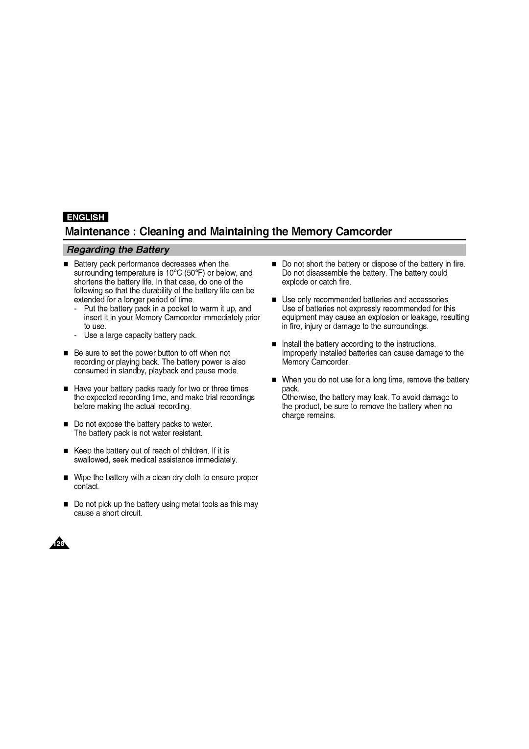 Samsung VP-MM11S/XEF, VP-MM11S/XET, VP-MM12S/XET, VP-MM12BL/XET, VP-MM11S/AND, VP-MM11S/CHN, VP-MM11S/MEA Regarding the Battery 