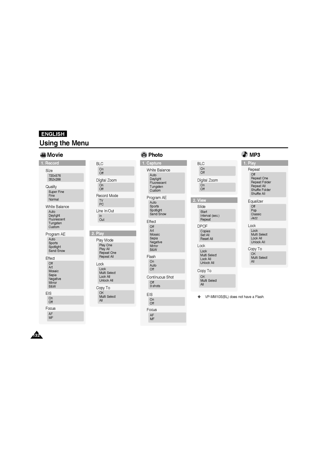 Samsung VP-MM11S/AND, VP-MM11S/XEF, VP-MM11S/XET, VP-MM12S/XET, VP-MM12BL/XET, VP-MM11S/CHN manual Using the Menu, Photo, MP3 