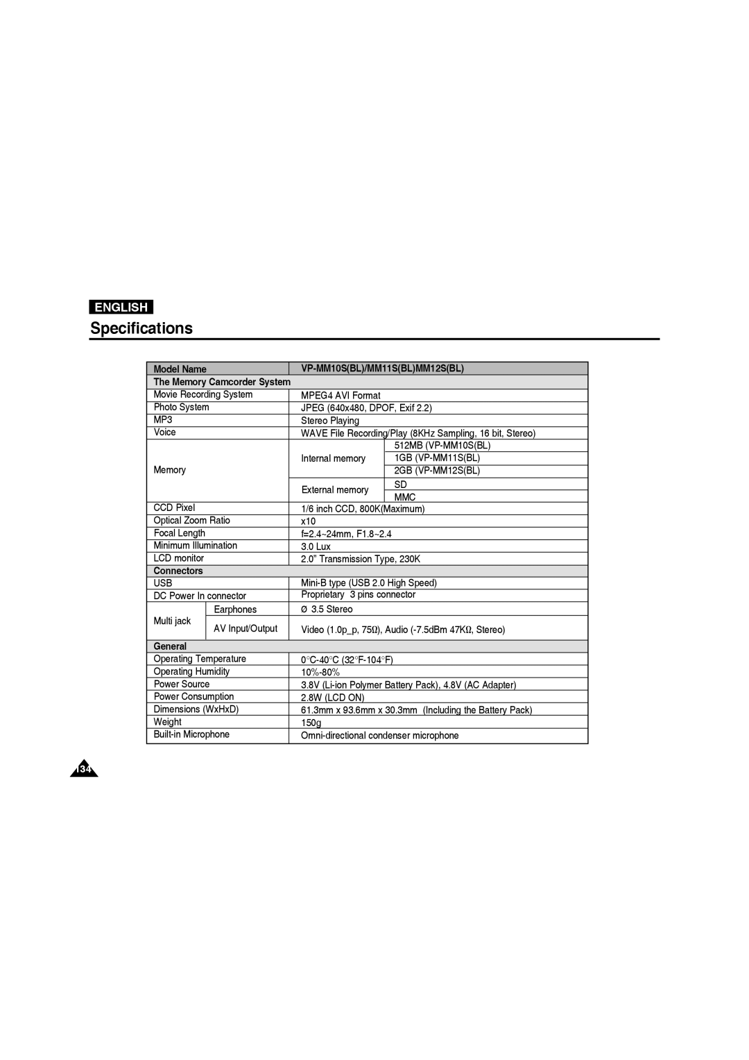 Samsung VP-MM11S/MEA, VP-MM11S/XEF, VP-MM11S/XET, VP-MM12S/XET, VP-MM12BL/XET, VP-MM11S/AND manual Specifications, General 