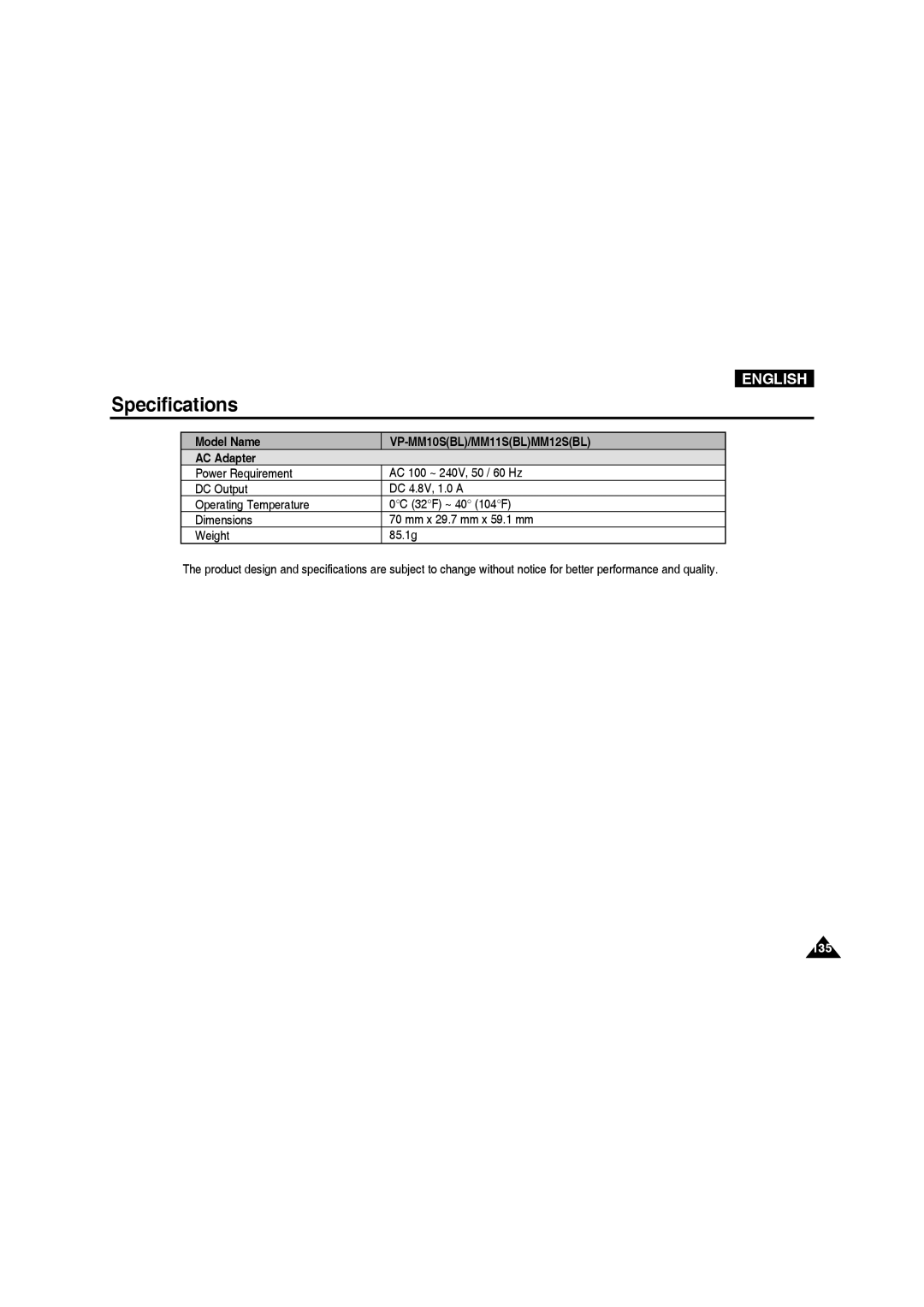 Samsung VP-MM11S/EUR, VP-MM11S/XEF, VP-MM11S/XET, VP-MM12S/XET, VP-MM12BL/XET, VP-MM11S/AND manual Model Name, AC Adapter 