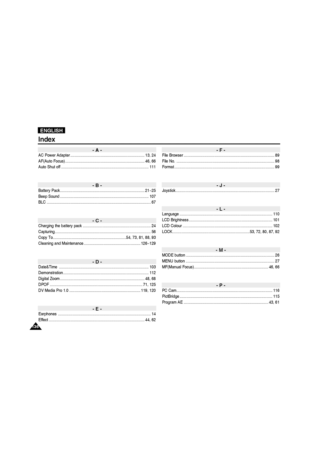 Samsung VP-MM11S/XEF, VP-MM11S/XET, VP-MM12S/XET, VP-MM12BL/XET, VP-MM11S/AND, VP-MM11S/CHN, VP-MM11S/MEA, VP-MM11S/EUR Index 