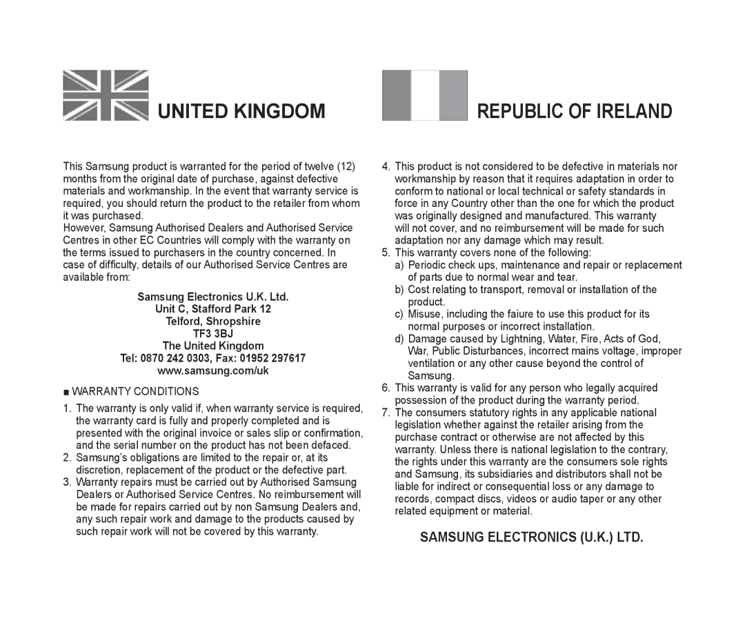 Samsung VP-MM12BL/XET, VP-MM11S/XEF, VP-MM11S/XET, VP-MM12S/XET, VP-MM11S/AND, VP-MM11S/CHN, VP-MM11S/MEA manual United Kingdom 