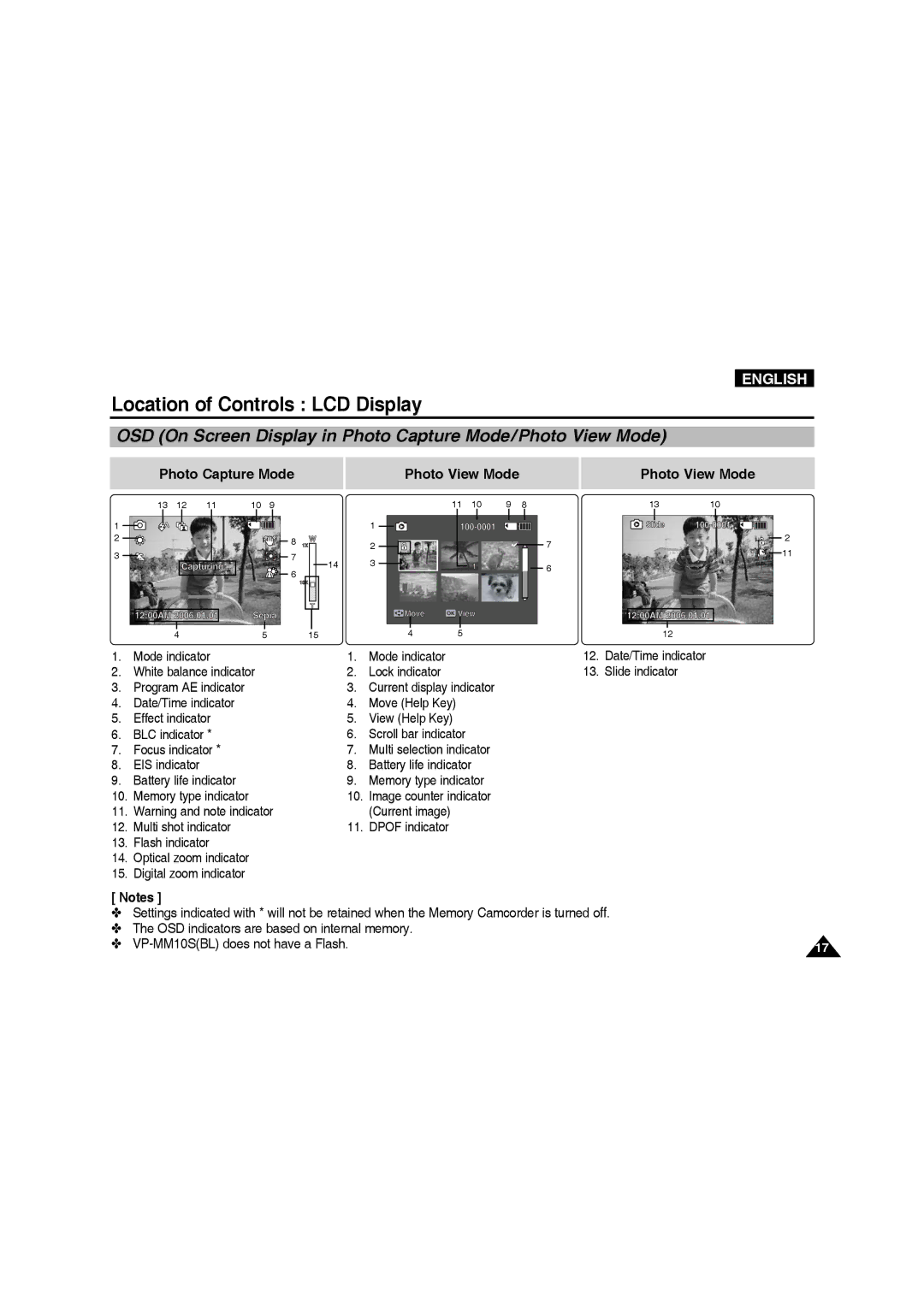 Samsung VP-MM11S/XET manual OSD On Screen Display in Photo Capture Mode/Photo View Mode, Photo Capture Mode Photo View Mode 