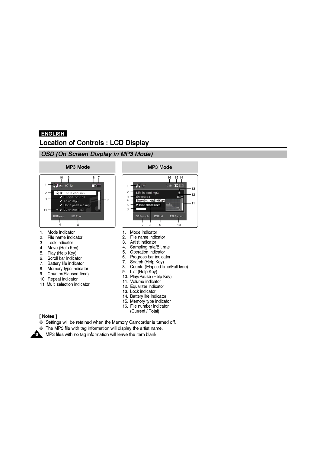 Samsung VP-MM12S/XET, VP-MM11S/XEF, VP-MM11S/XET, VP-MM12BL/XET, VP-MM11S/AND, VP-MM11S/CHN OSD On Screen Display in MP3 Mode 