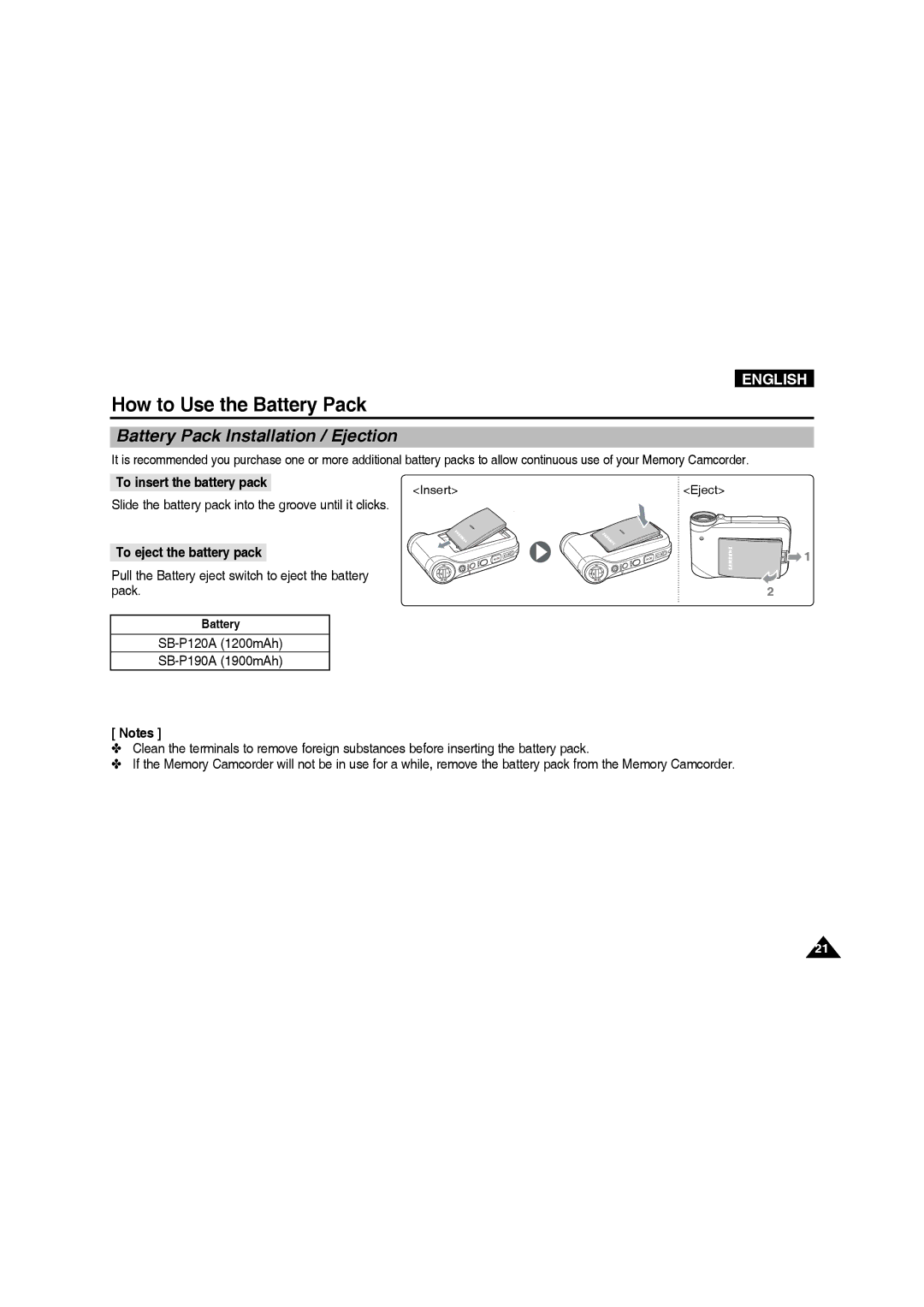 Samsung VP-MM11S/CHN manual How to Use the Battery Pack, Battery Pack Installation / Ejection, To insert the battery pack 