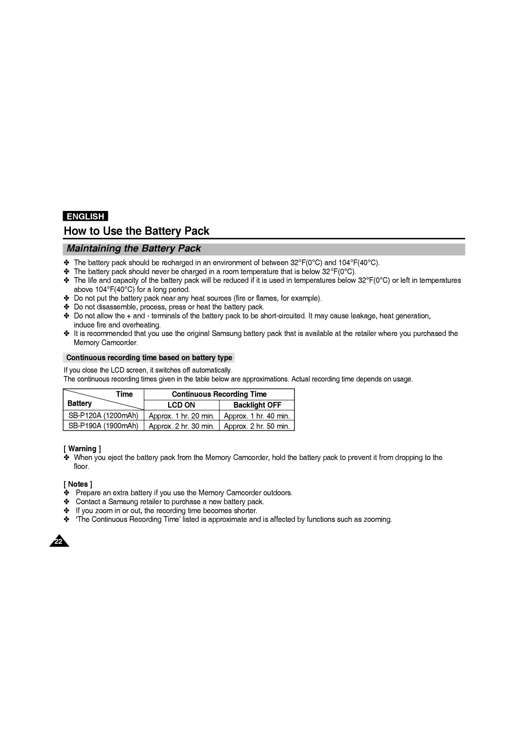 Samsung VP-MM11S/MEA manual Maintaining the Battery Pack, Continuous recording time based on battery type, SB-P190A 1900mAh 