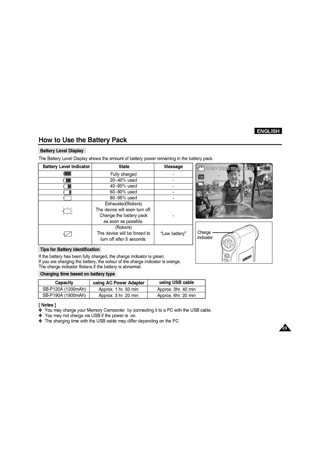 Samsung VP-MM11S/EUR, VP-MM11S/XEF, VP-MM11S/XET Battery Level Display, Battery Level Indicator, Turn off after 5 seconds 