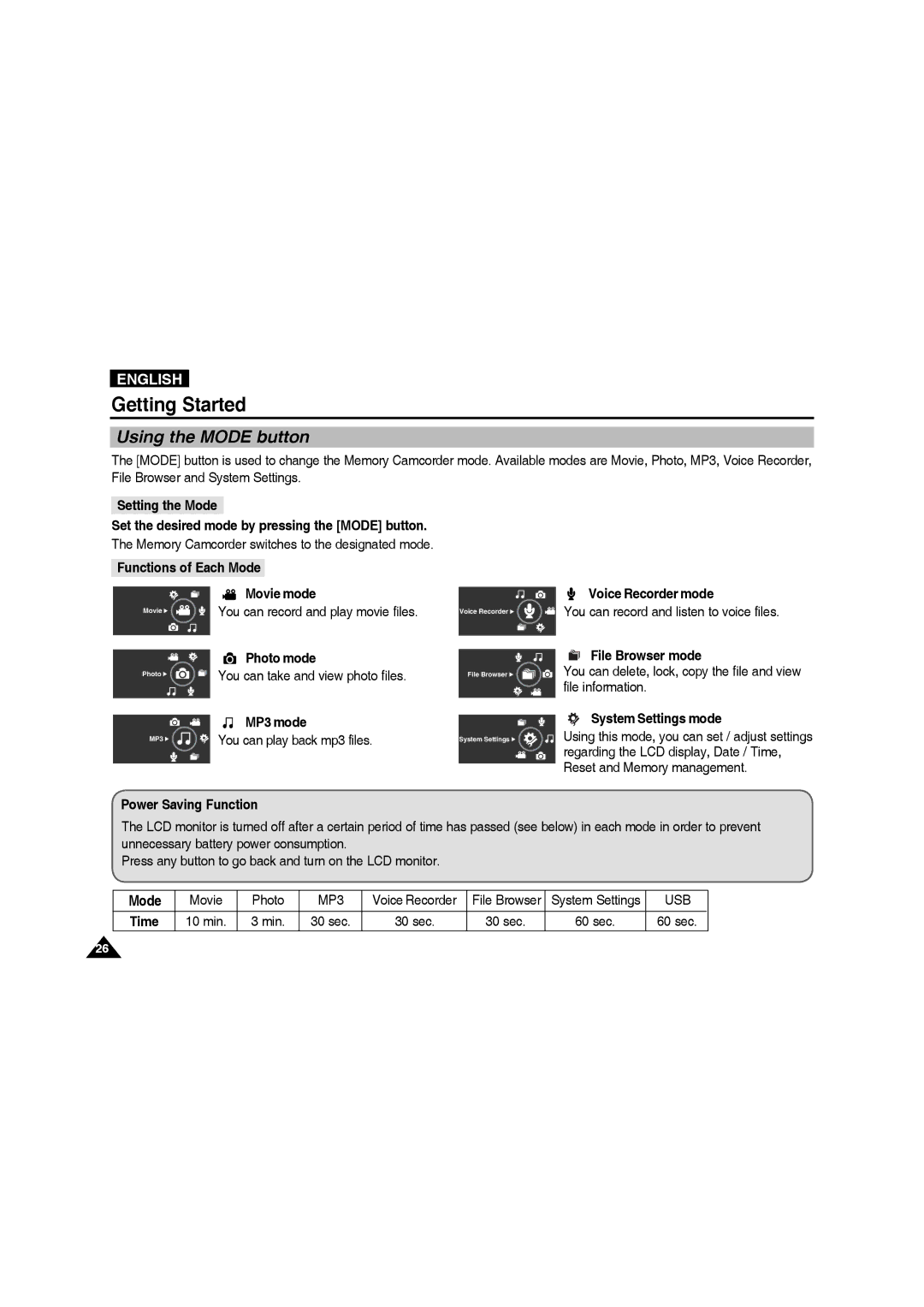 Samsung VP-MM12S/XET, VP-MM11S/XEF, VP-MM11S/XET, VP-MM12BL/XET, VP-MM11S/AND, VP-MM11S/CHN, VP-MM11S/MEA Using the Mode button 