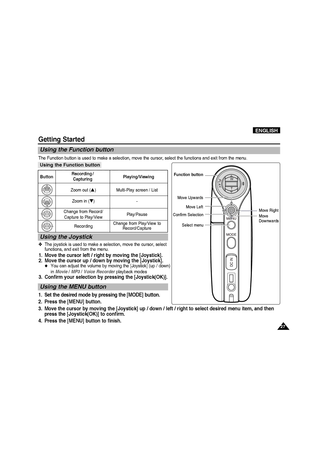 Samsung VP-MM12BL/XET manual Using the Function button, Using the Joystick, Using the Menu button, Press the Menu button 