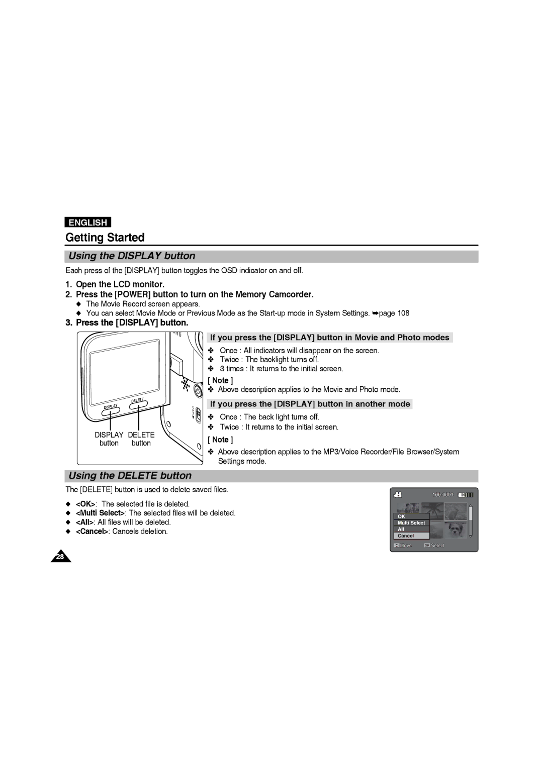 Samsung VP-MM11S/AND, VP-MM11S/XEF manual Using the Display button, Using the Delete button, Press the Display button 