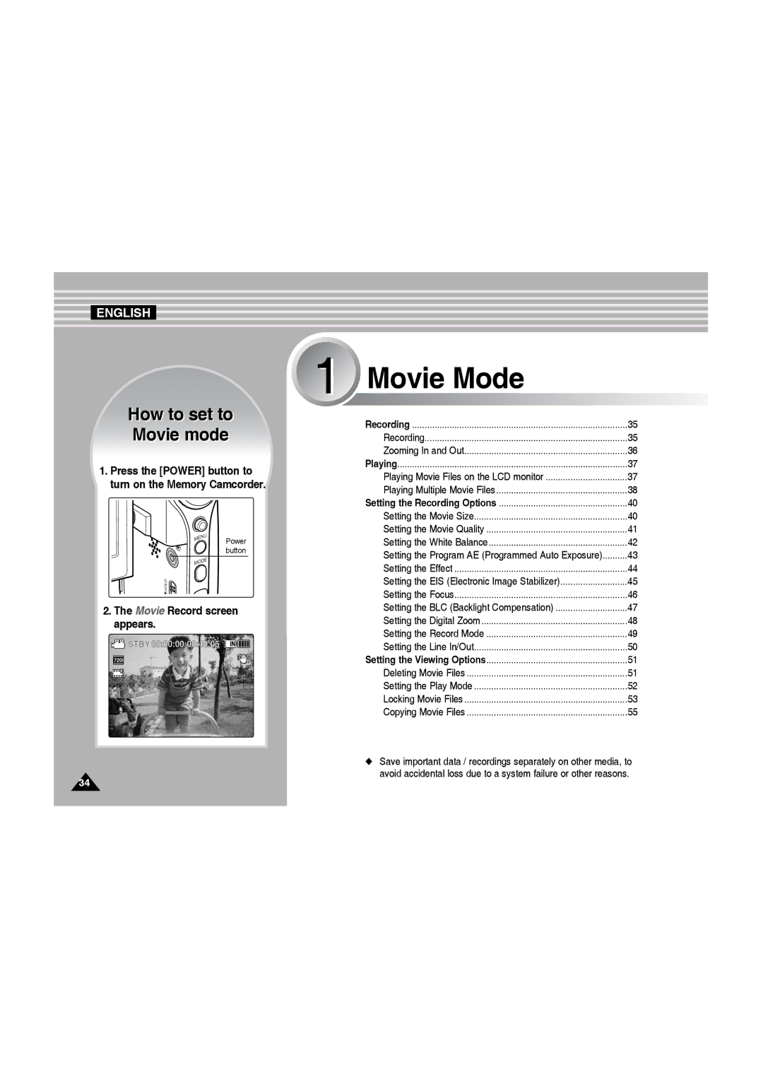 Samsung VP-MM12S/XET, VP-MM11S/XEF, VP-MM11S/XET, VP-MM12BL/XET manual How to set to Movie mode, Movie Record screen appears 