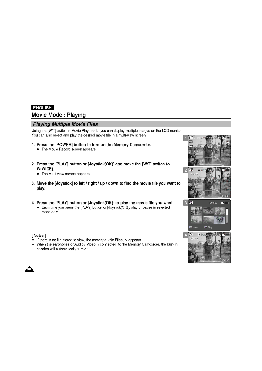 Samsung VP-MM11S/MEA, VP-MM11S/XEF, VP-MM11S/XET, VP-MM12S/XET manual Playing Multiple Movie Files, Multi-view screen appears 