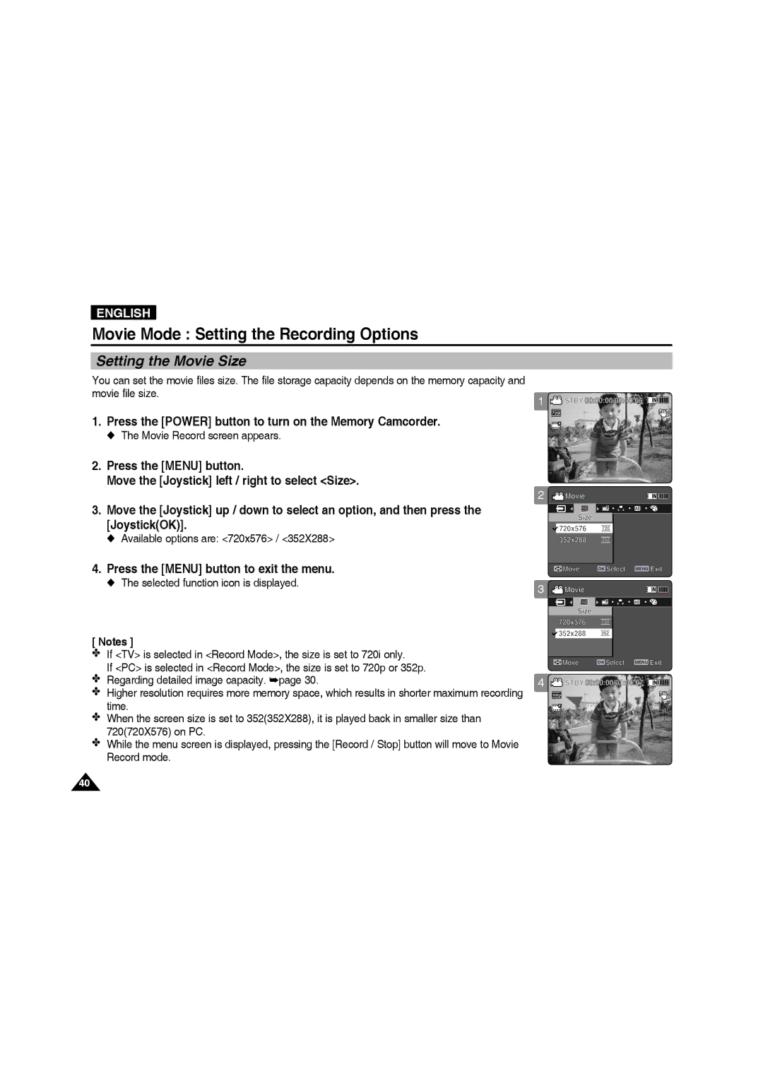 Samsung VP-MM11S/XEF manual Movie Mode Setting the Recording Options, Setting the Movie Size, Available options are 720x576 