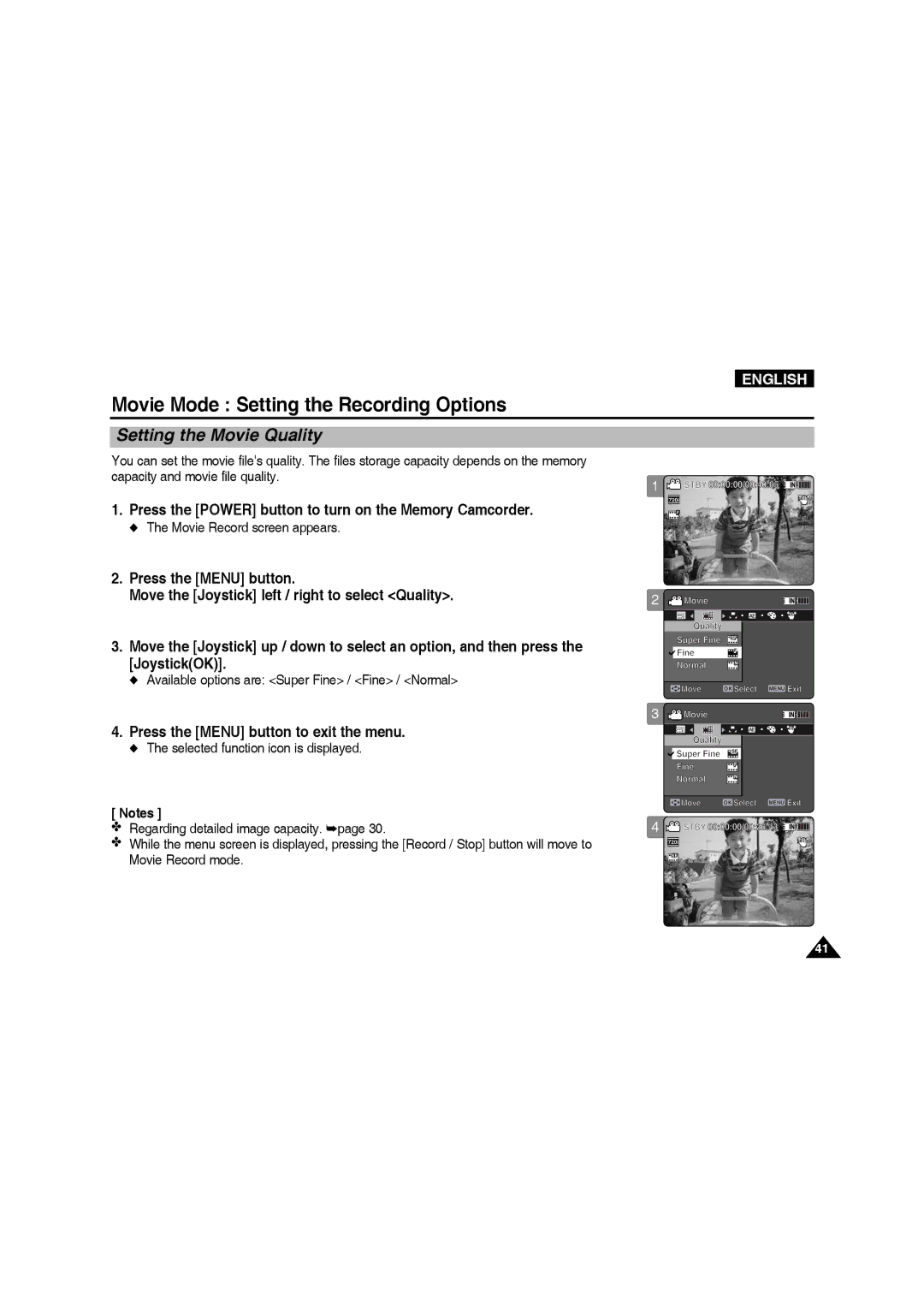 Samsung VP-MM11S/XET, VP-MM11S/XEF manual Setting the Movie Quality, Available options are Super Fine / Fine / Normal 