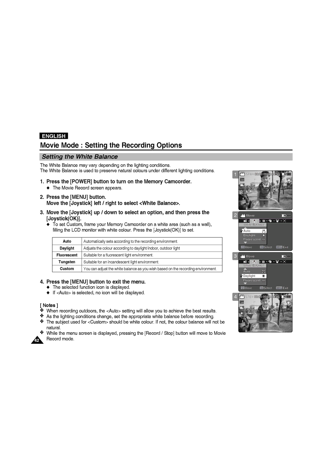 Samsung VP-MM12S/XET manual Setting the White Balance, Move the Joystick left / right to select White Balance, JoystickOK 