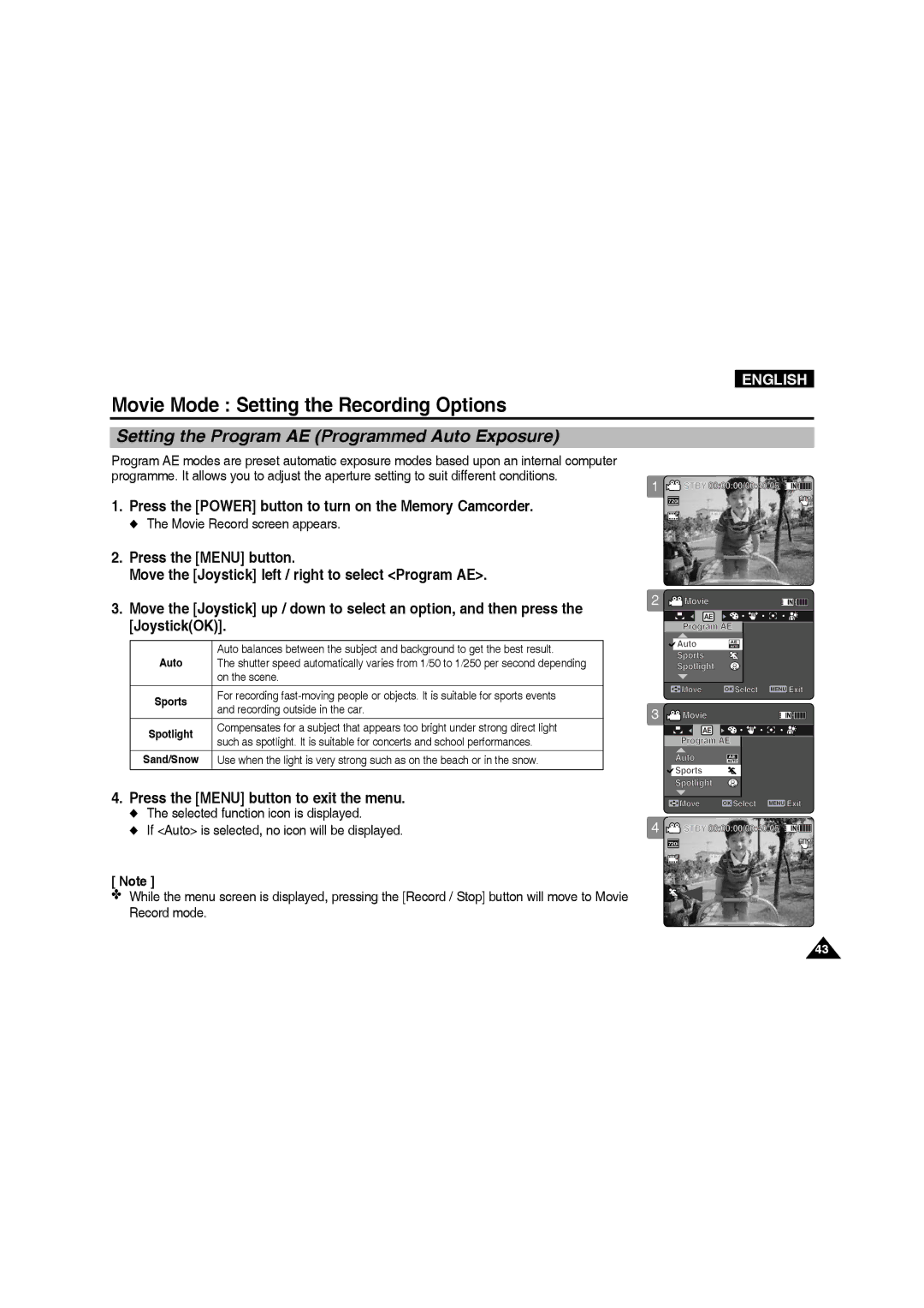 Samsung VP-MM12BL/XET, VP-MM11S/XEF, VP-MM11S/XET, VP-MM12S/XET, VP-MM11S/AND Setting the Program AE Programmed Auto Exposure 