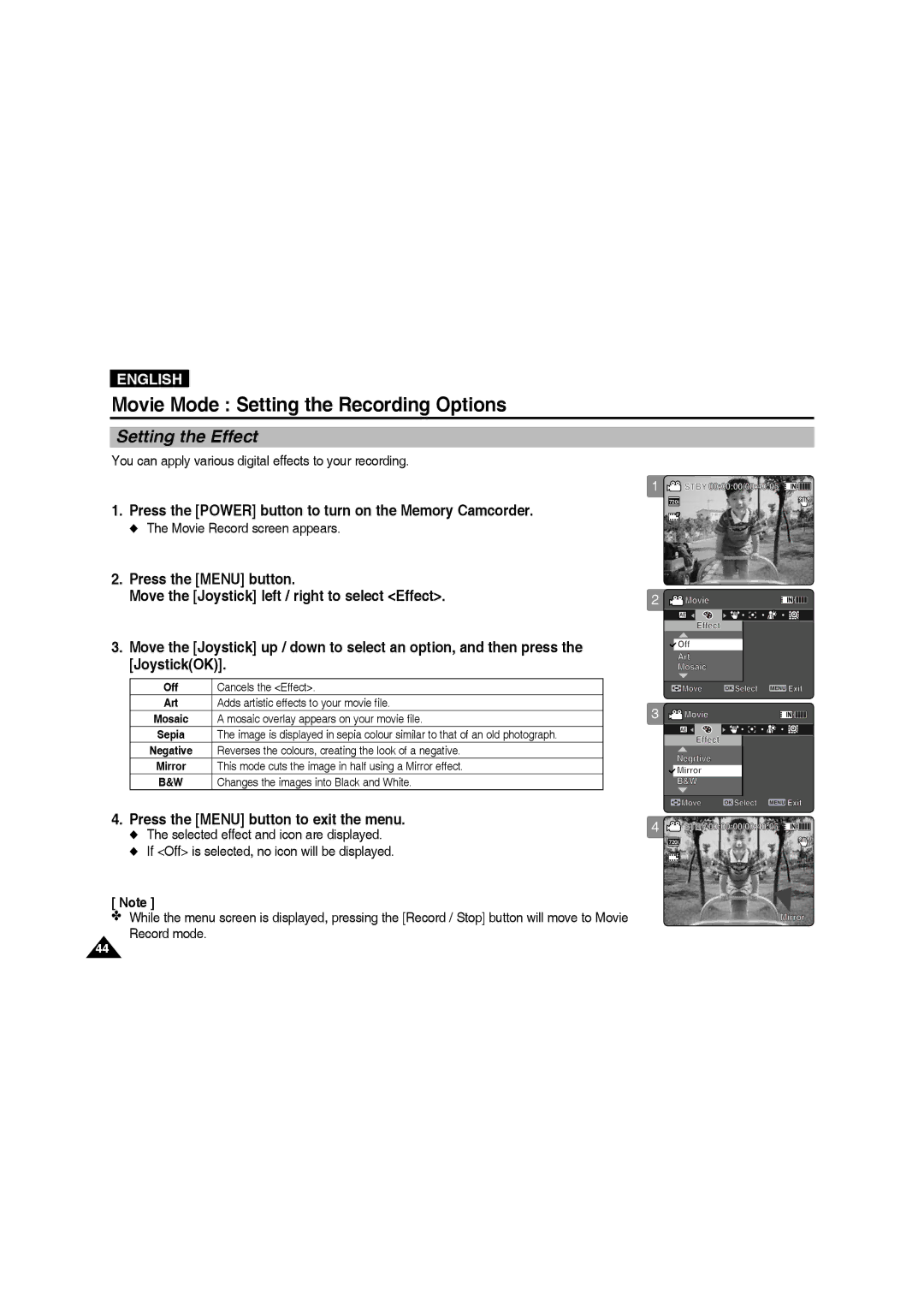 Samsung VP-MM11S/AND, VP-MM11S/XEF manual Setting the Effect, Move the Joystick left / right to select Effect, JoystickOK 