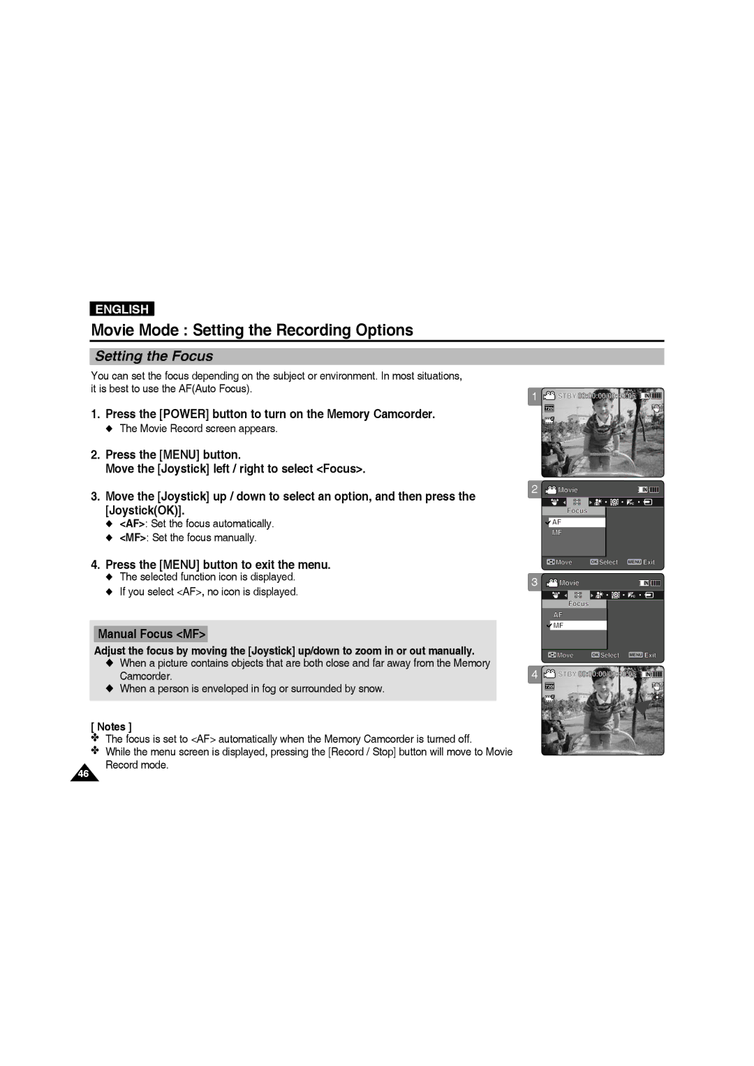 Samsung VP-MM11S/MEA Setting the Focus, Manual Focus MF, AF Set the focus automatically MF Set the focus manually 