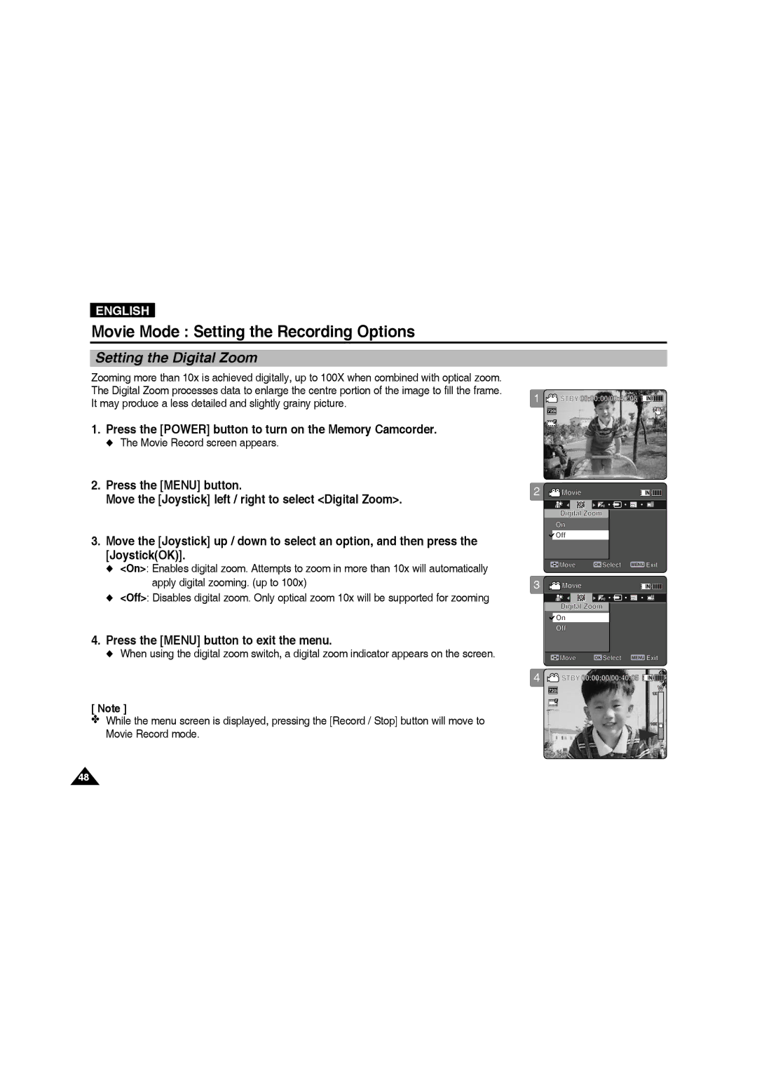 Samsung VP-MM11S/XEF, VP-MM11S/XET, VP-MM12S/XET, VP-MM12BL/XET manual Setting the Digital Zoom, Apply digital zooming. up to 