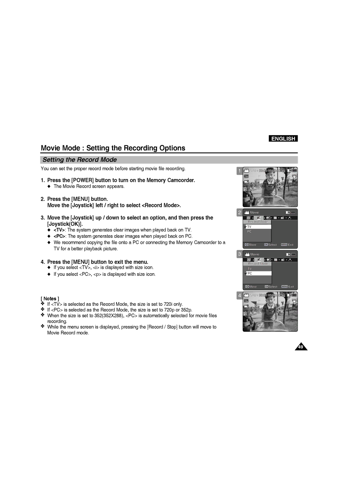 Samsung VP-MM11S/XET, VP-MM11S/XEF, VP-MM12S/XET, VP-MM12BL/XET, VP-MM11S/AND, VP-MM11S/CHN manual Setting the Record Mode 