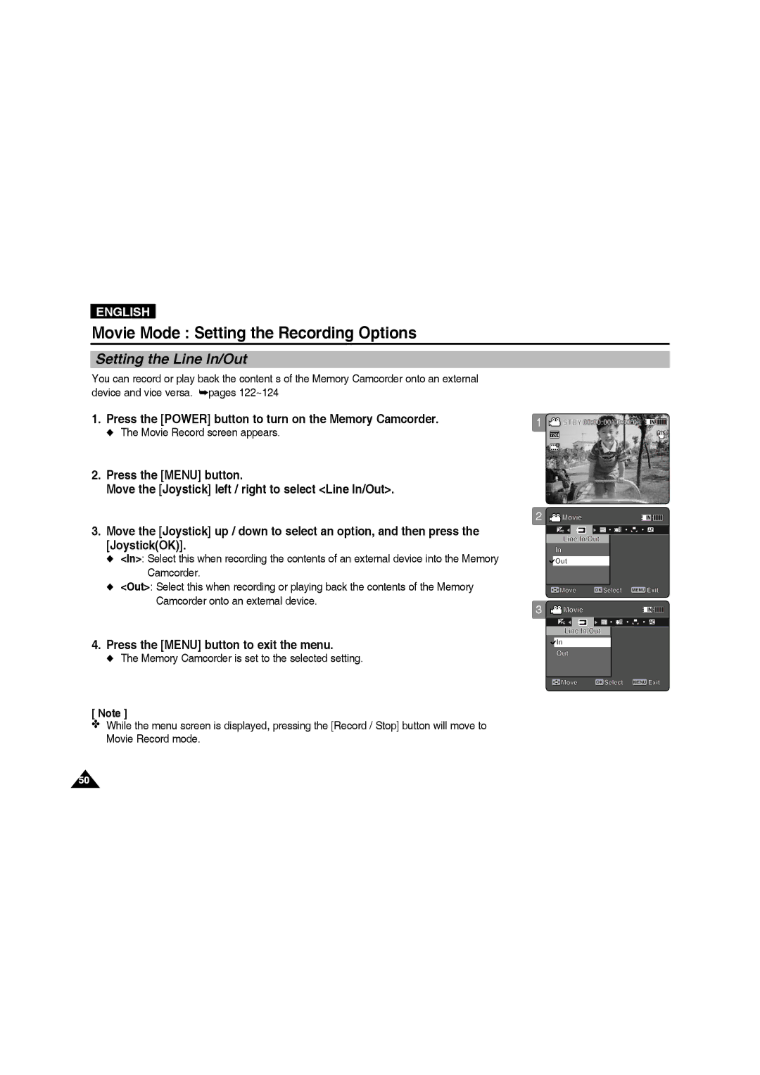 Samsung VP-MM12S/XET, VP-MM11S/XEF, VP-MM11S/XET Setting the Line In/Out, Memory Camcorder is set to the selected setting 