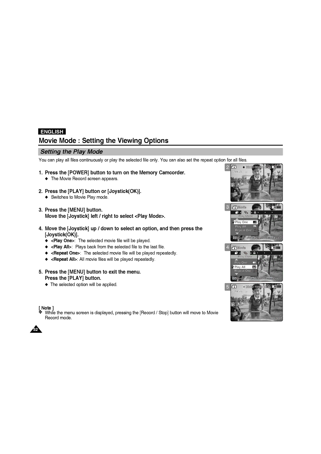 Samsung VP-MM11S/AND, VP-MM11S/XEF, VP-MM11S/XET, VP-MM12S/XET manual Setting the Play Mode, Switches to Movie Play mode 