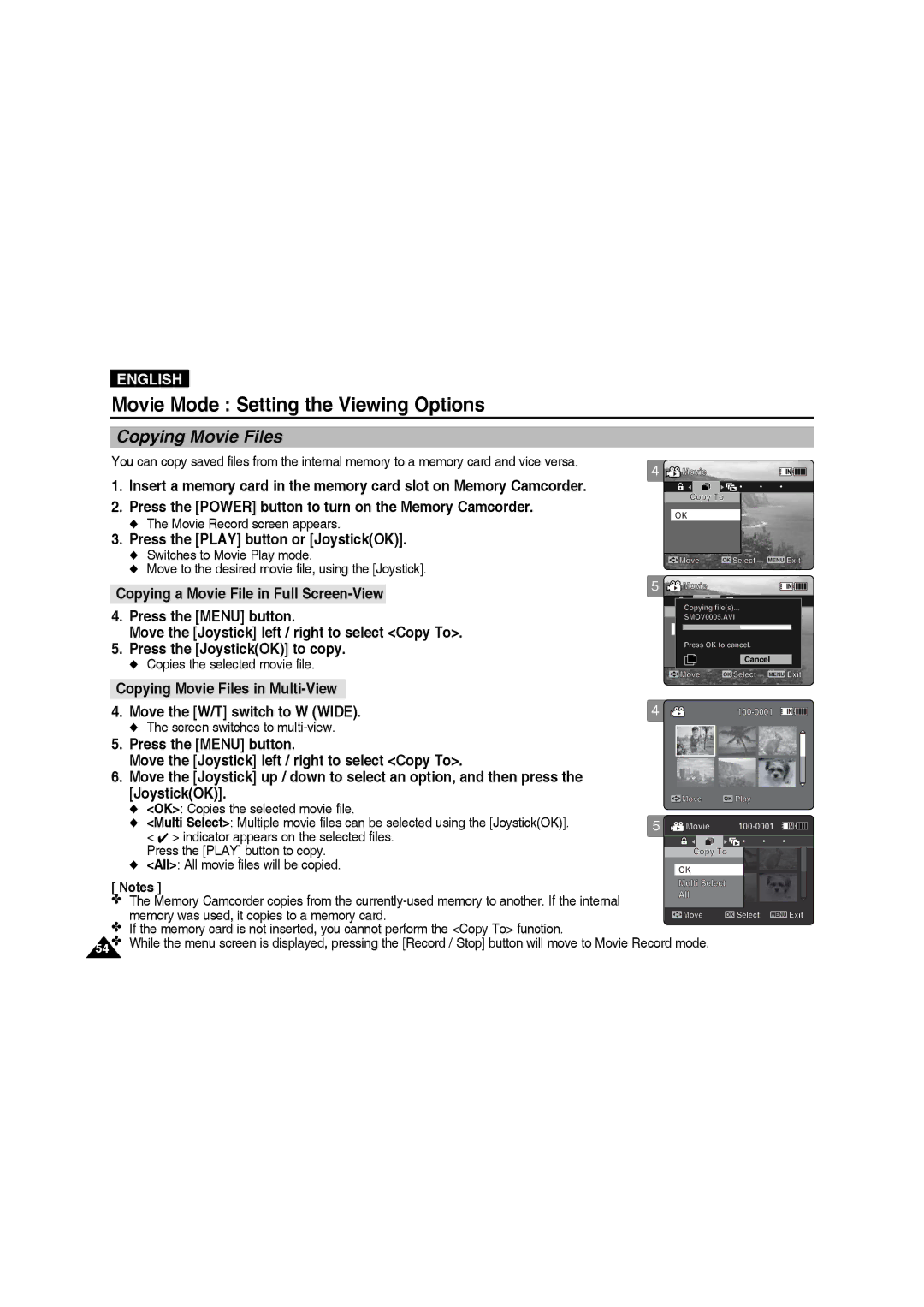 Samsung VP-MM11S/MEA manual Copying Movie Files, Copying a Movie File in Full Screen-View, Press the JoystickOK to copy 