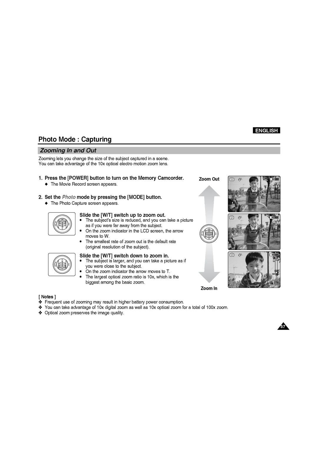 Samsung VP-MM11S/XET, VP-MM11S/XEF, VP-MM12S/XET, VP-MM12BL/XET manual Zooming In and Out, Photo Capture screen appears 