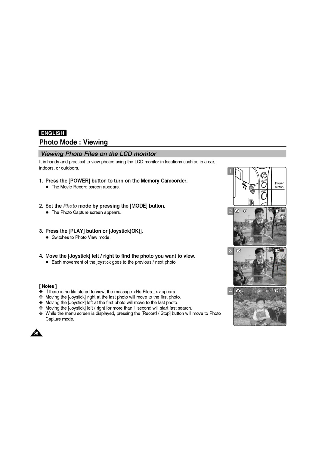 Samsung VP-MM12S/XET, VP-MM11S/XEF Photo Mode Viewing, Viewing Photo Files on the LCD monitor, Switches to Photo View mode 