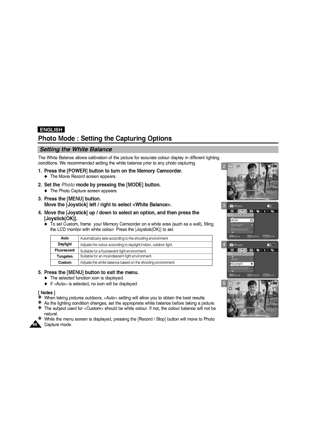 Samsung VP-MM11S/AND Photo Mode Setting the Capturing Options, LCD monitor with white colour. Press the JoystickOK to set 