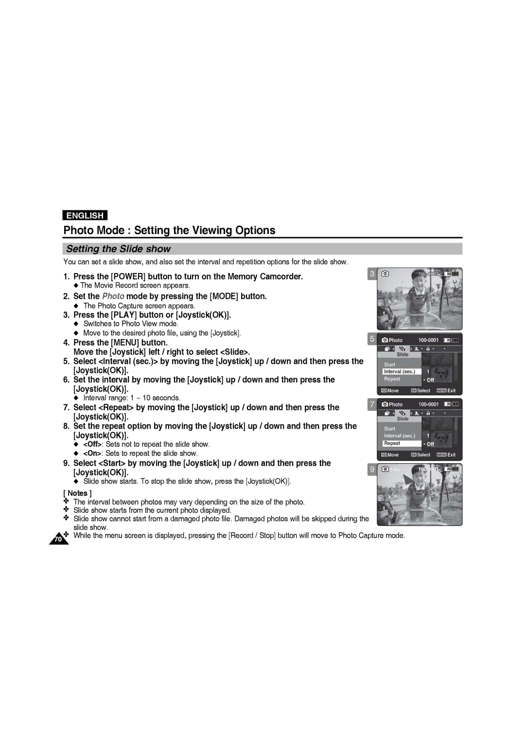 Samsung VP-MM11S/MEA, VP-MM11S/XEF, VP-MM11S/XET Setting the Slide show, Move the Joystick left / right to select Slide 