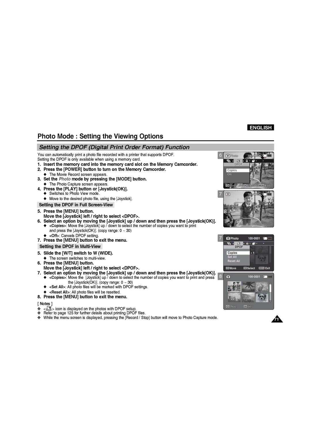 Samsung VP-MM11S/EUR manual Setting the Dpof Digital Print Order Format Function, Press the Play button or JoystickOK 