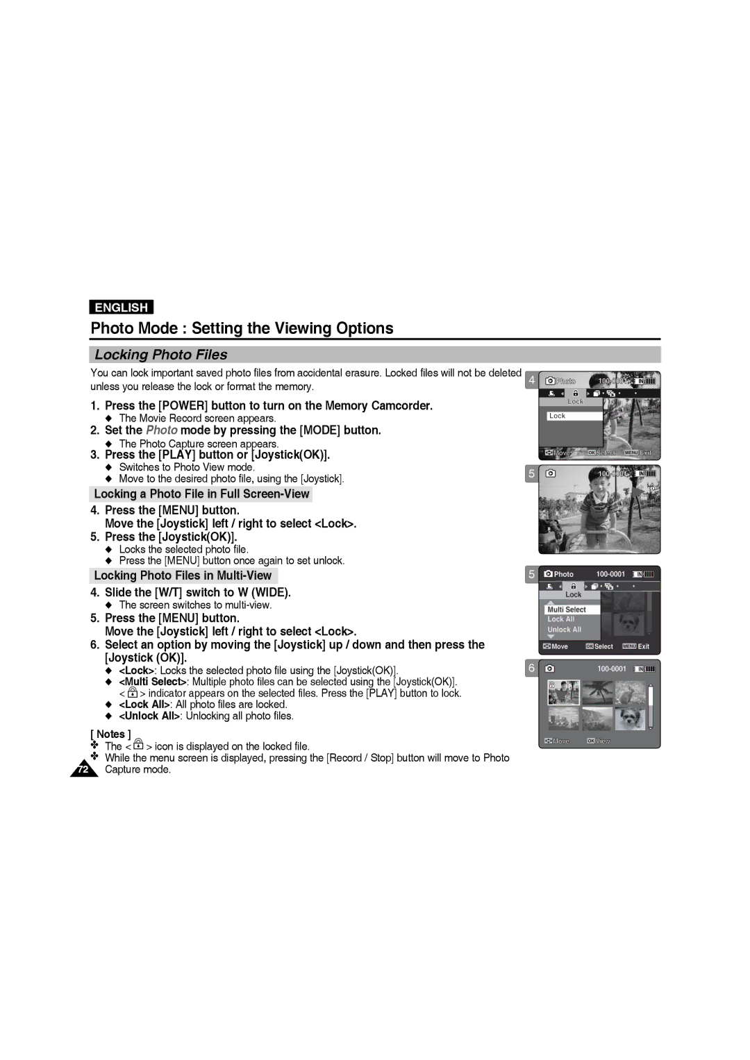 Samsung VP-MM11S/XEF, VP-MM11S/XET manual Locking Photo Files, Lock Locks the selected photo file using the JoystickOK 