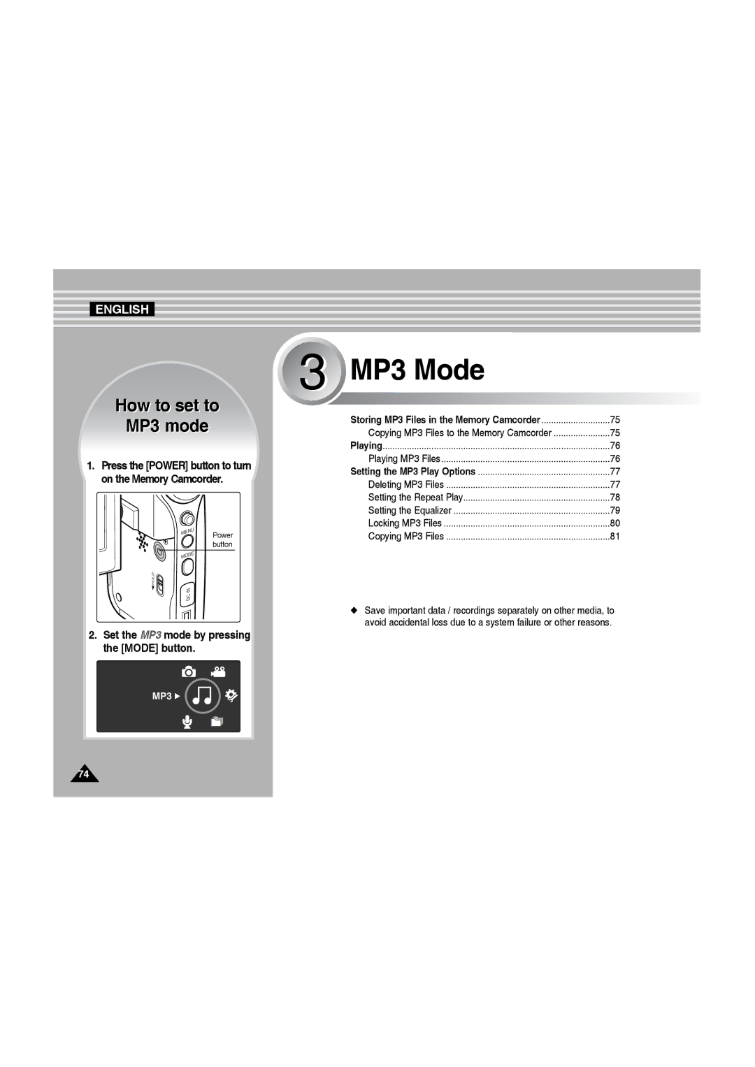 Samsung VP-MM12S/XET, VP-MM11S/XEF, VP-MM11S/XET manual How to set to MP3 mode, Set the MP3 mode by pressing the Mode button 