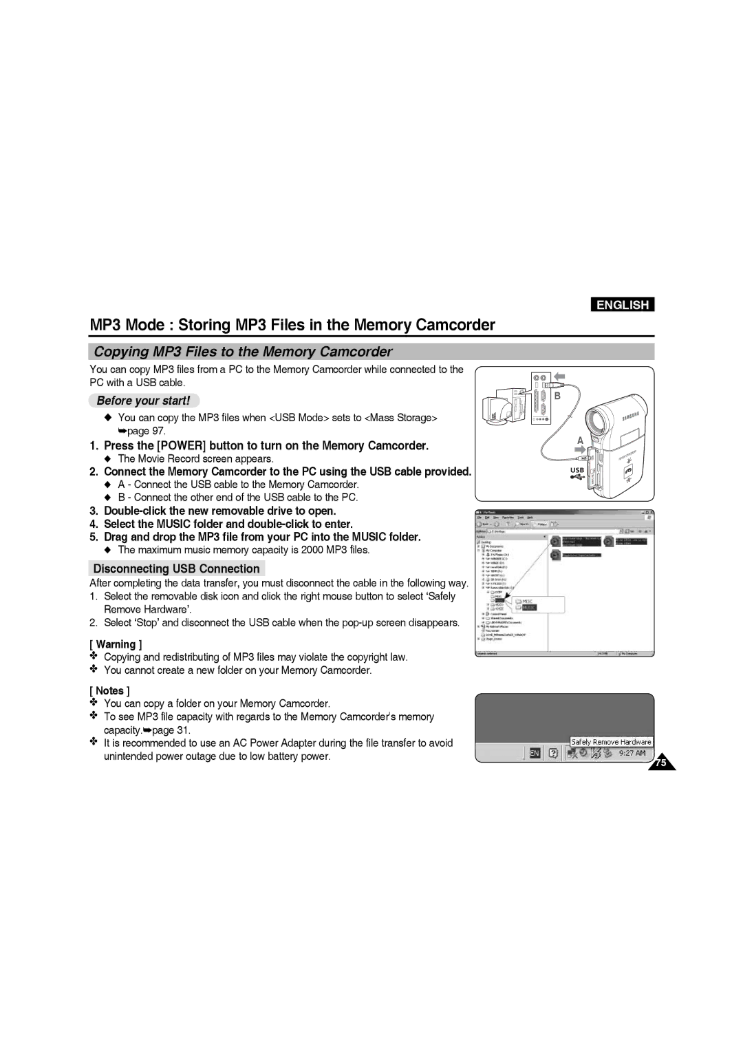 Samsung VP-MM12BL/XET manual MP3 Mode Storing MP3 Files in the Memory Camcorder, Copying MP3 Files to the Memory Camcorder 