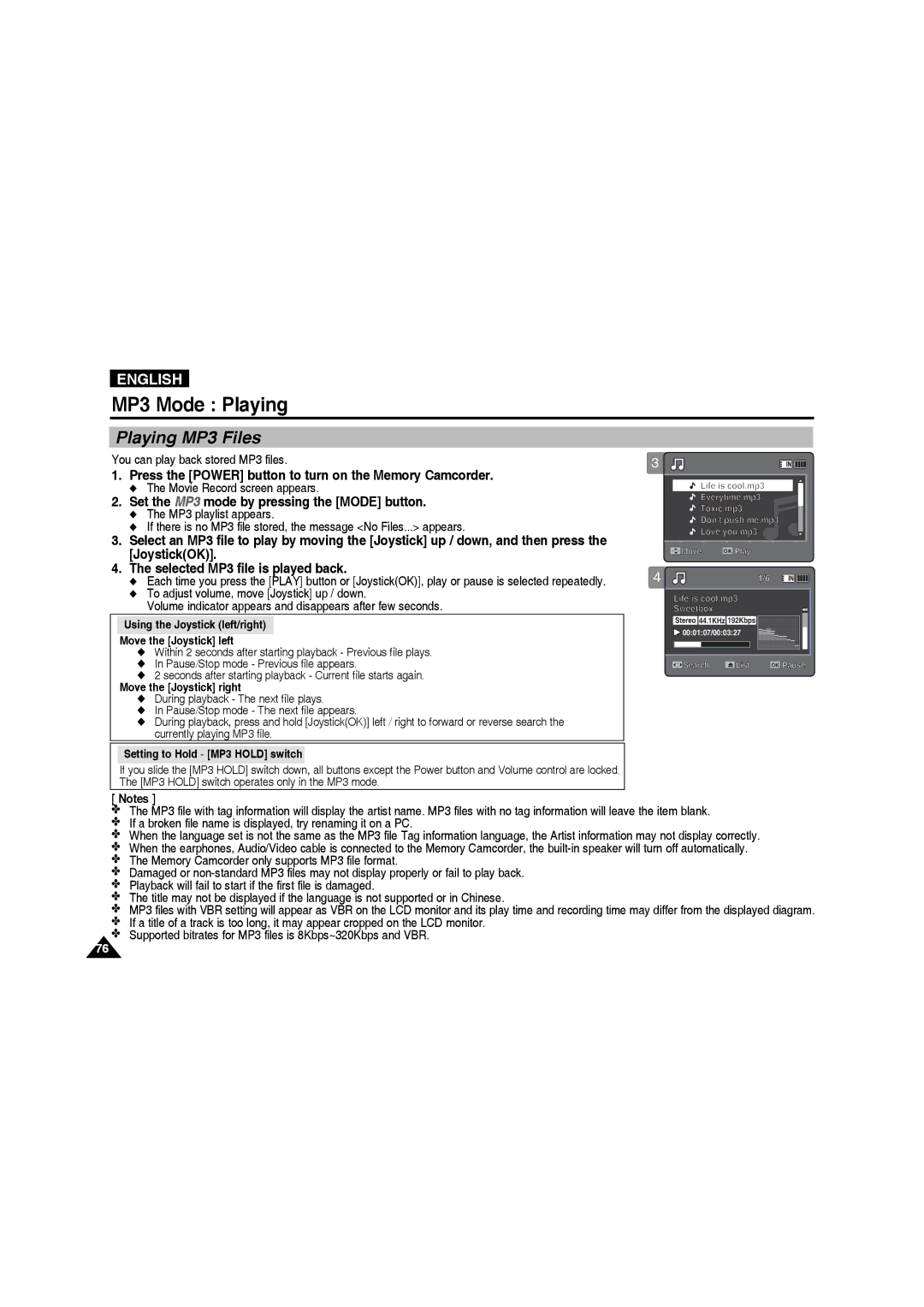 Samsung VP-MM11S/AND, VP-MM11S/XEF, VP-MM11S/XET, VP-MM12S/XET, VP-MM12BL/XET manual MP3 Mode Playing, Playing MP3 Files 