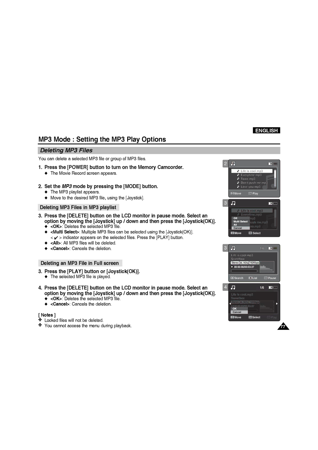 Samsung VP-MM11S/CHN, VP-MM11S/XEF manual MP3 Mode Setting the MP3 Play Options, Deleting MP3 Files in MP3 playlist 