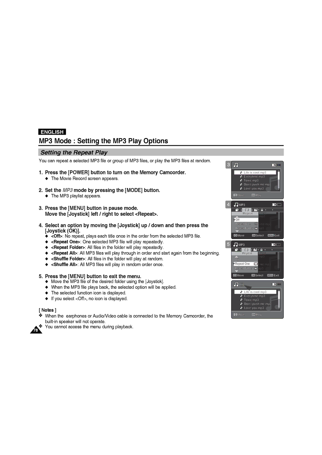 Samsung VP-MM11S/MEA, VP-MM11S/XEF, VP-MM11S/XET, VP-MM12S/XET, VP-MM12BL/XET Setting the Repeat Play, MP3 playlist appears 