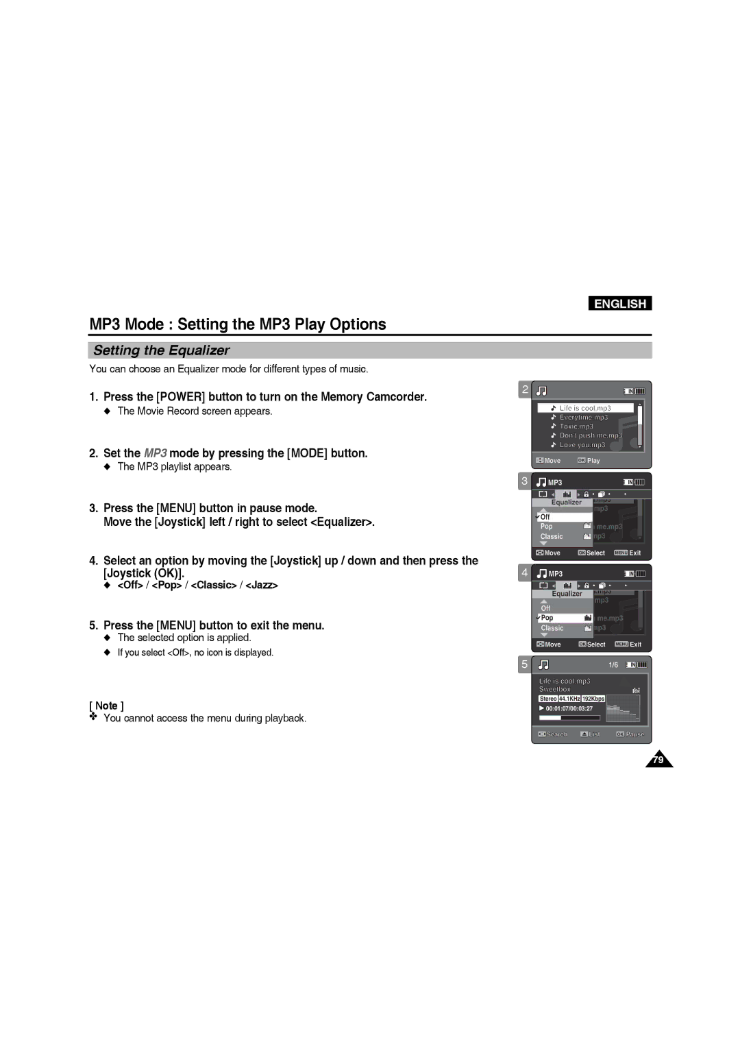 Samsung VP-MM11S/EUR, VP-MM11S/XEF manual Setting the Equalizer, Off / Pop / Classic / Jazz, Selected option is applied 