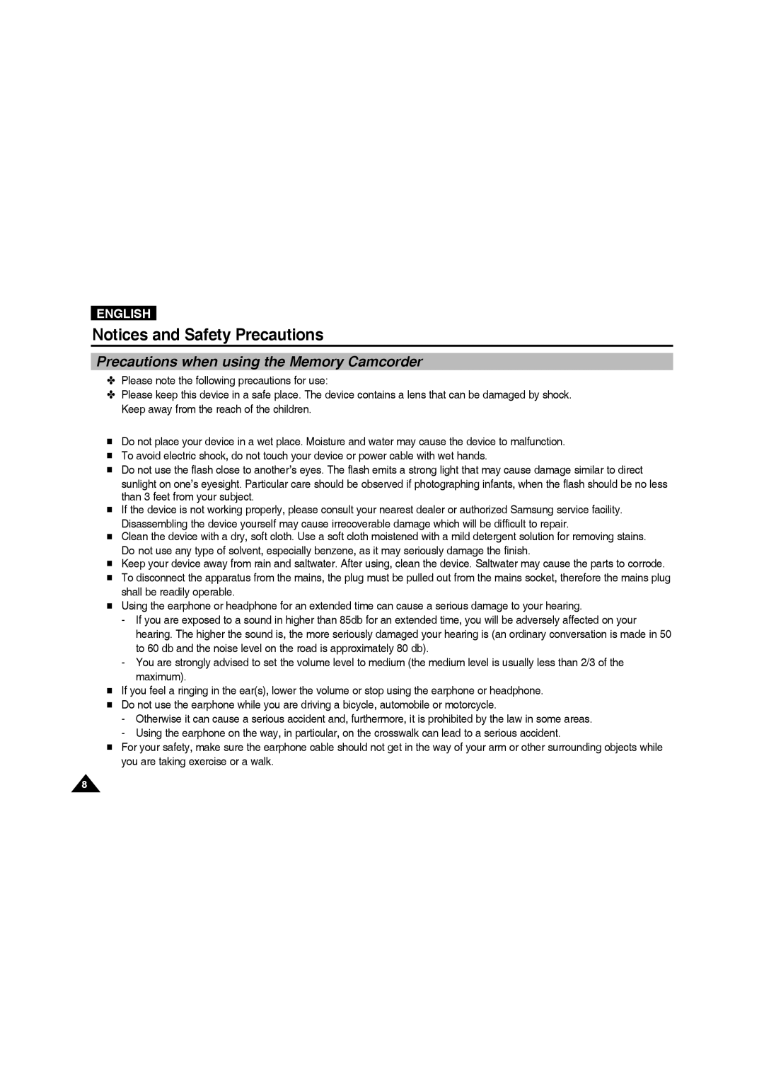 Samsung VP-MM11S/XEF, VP-MM11S/XET, VP-MM12S/XET, VP-MM12BL/XET, VP-MM11S/AND Precautions when using the Memory Camcorder 