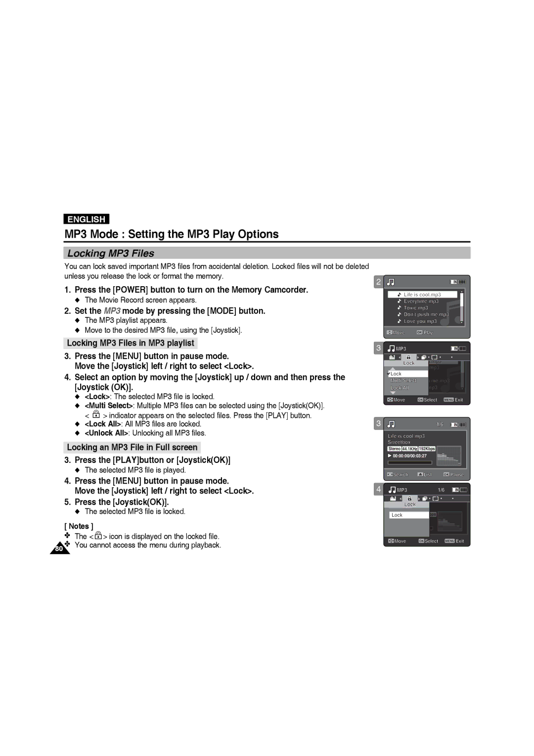 Samsung VP-MM11S/XEF, VP-MM11S/XET Locking MP3 Files, Lock The selected MP3 file is locked, Selected MP3 file is locked 