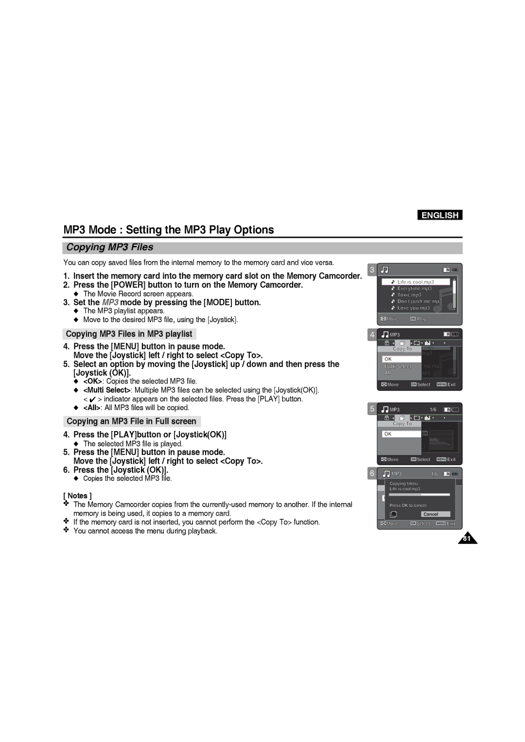 Samsung VP-MM11S/XET, VP-MM11S/XEF Copying MP3 Files, OK Copies the selected MP3 file, All All MP3 files will be copied 