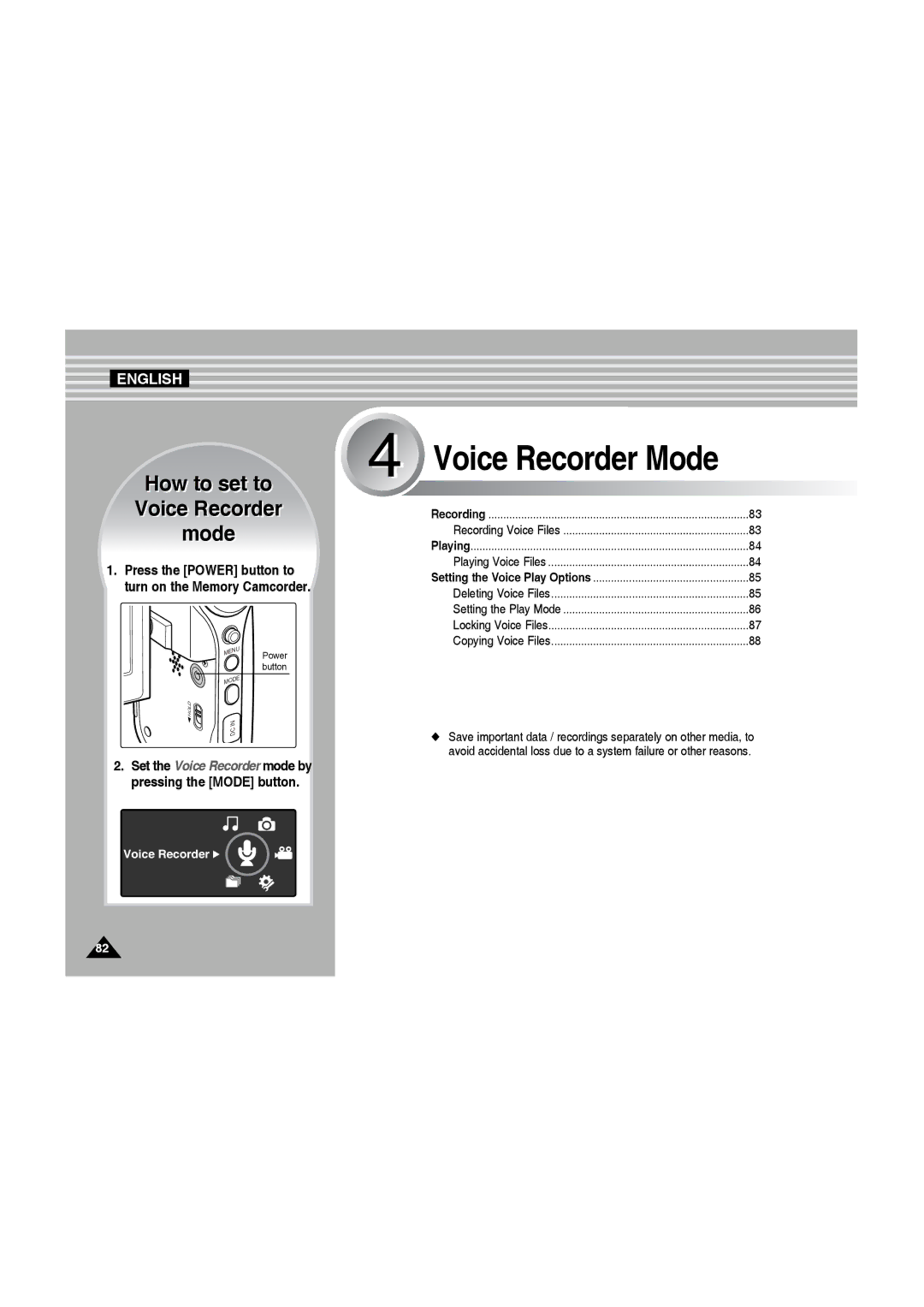 Samsung VP-MM12S/XET, VP-MM11S/XEF, VP-MM11S/XET, VP-MM12BL/XET, VP-MM11S/AND, VP-MM11S/CHN, VP-MM11S/MEA Voice Recorder Mode 