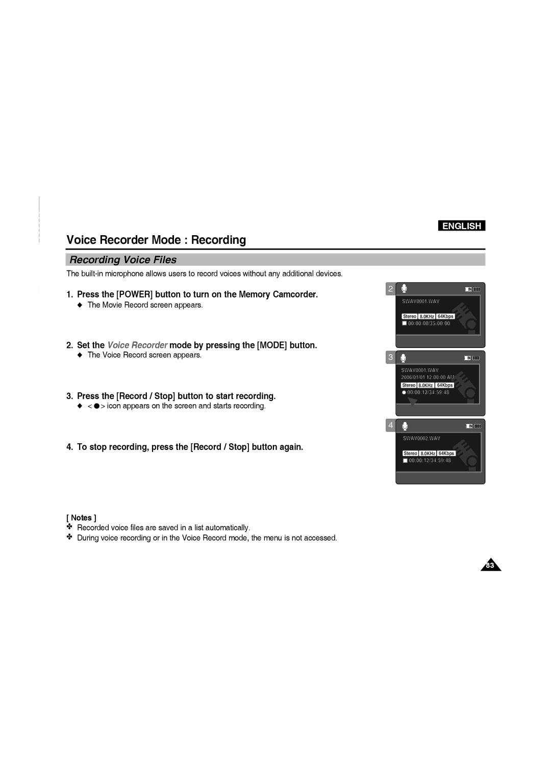 Samsung VP-MM12BL/XET, VP-MM11S/XEF, VP-MM11S/XET, VP-MM12S/XET manual Voice Recorder Mode Recording, Recording Voice Files 